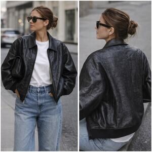 Coach Black Leather Bomber Jacket Large Signature Logo Monogram Zip Front Luxury